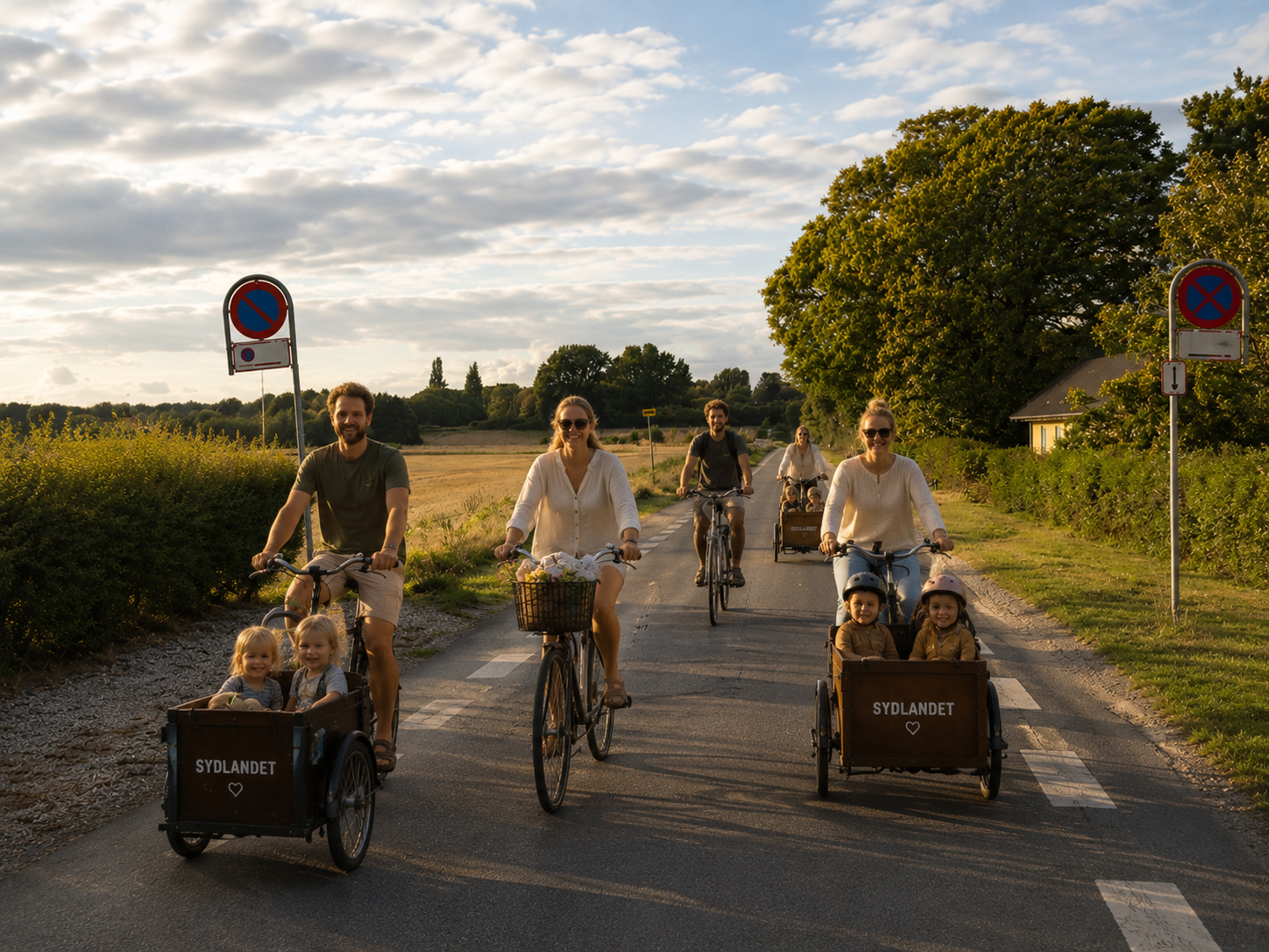 Familier på cykel på vej til Sydlandet i aftensol