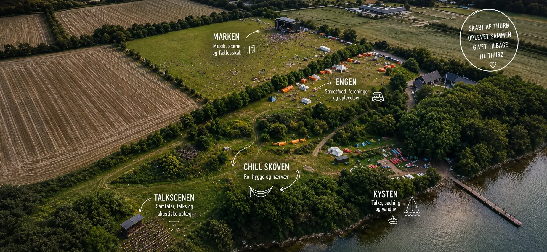 Områdekort over Thurøbund Spejdercenter med zoner som Marken, Engen, Chill Skoven, Talkscenen og Kysten