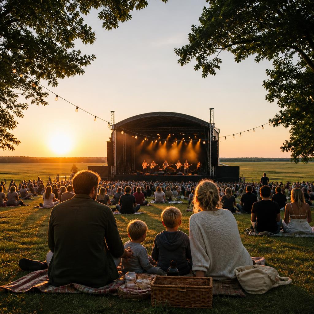 Langt fællesbord ved vandet i solnedgang med lyskæder